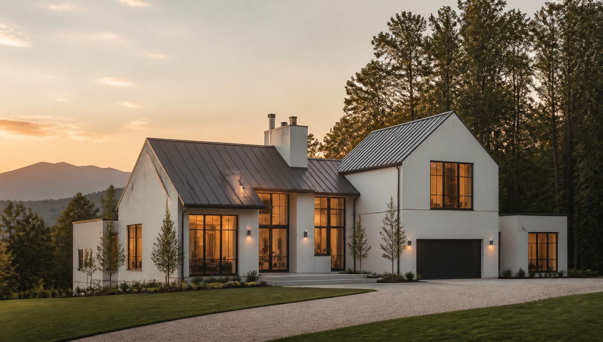 Modern North Carolina home with a standing-seam metal roof, matte white exterior, and Blue Ridge mountain views